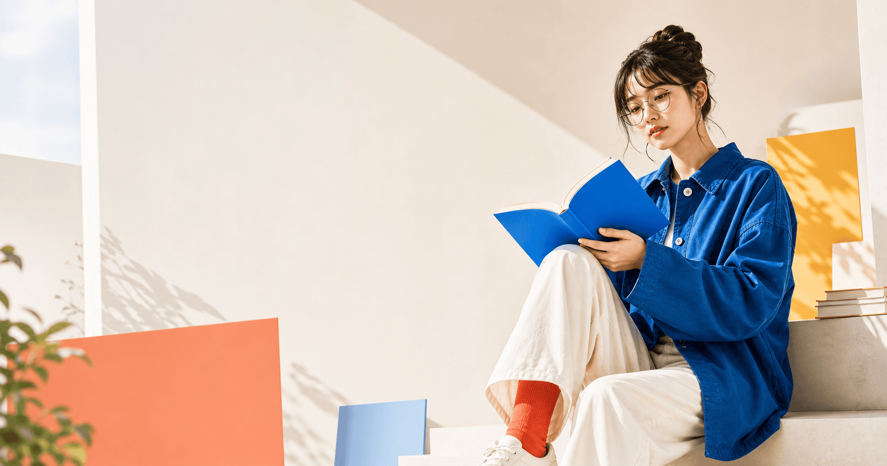 青い本を読む人物を中心にした教科書機能のキービジュアル